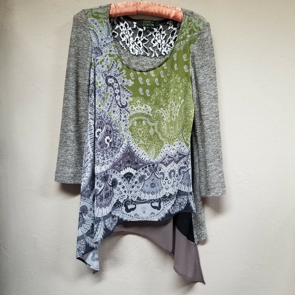 Poeme by Citron Women Scoop Neck Printed Stretchy Tunic Top Small Asymmetric Hem